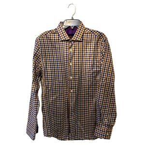Egara Men's plaid blue, tan and white button up shirt.  slim fit stretch. Size M